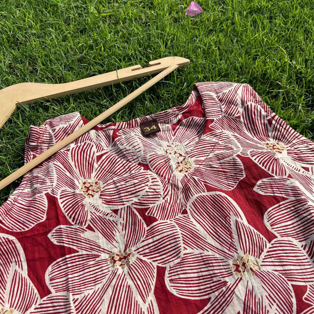 Red Floral Print Cut Sleeves Pure Cotton Short Kurti For Women