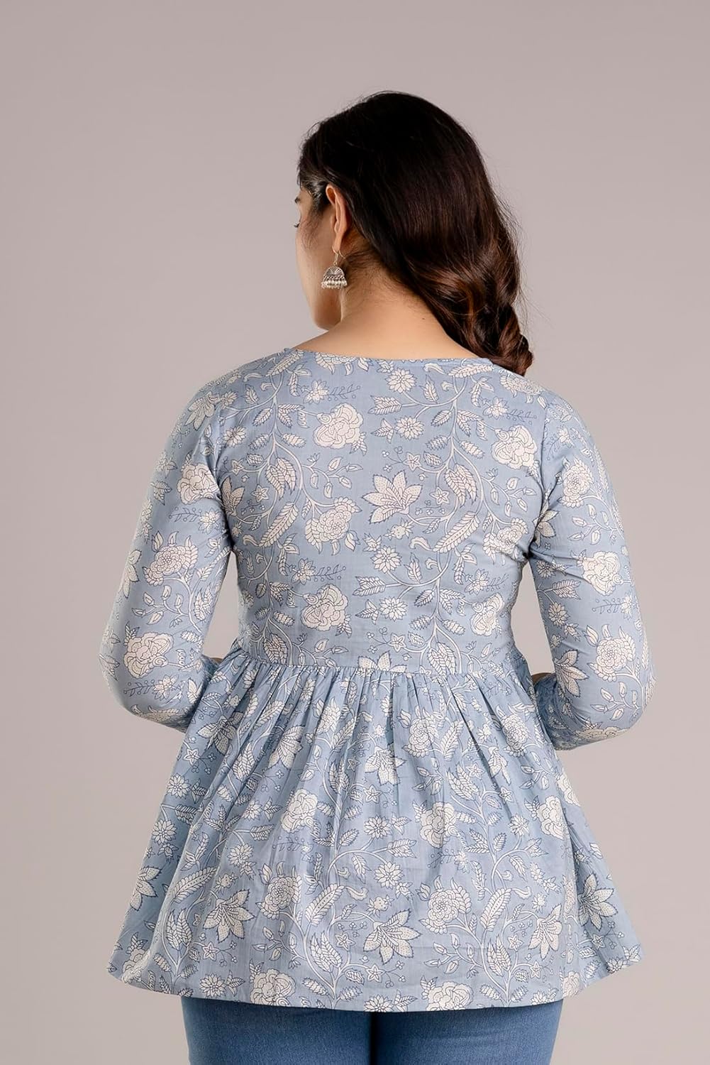 Light Blue Jaipuri Print Cotton Peplum Top For Women