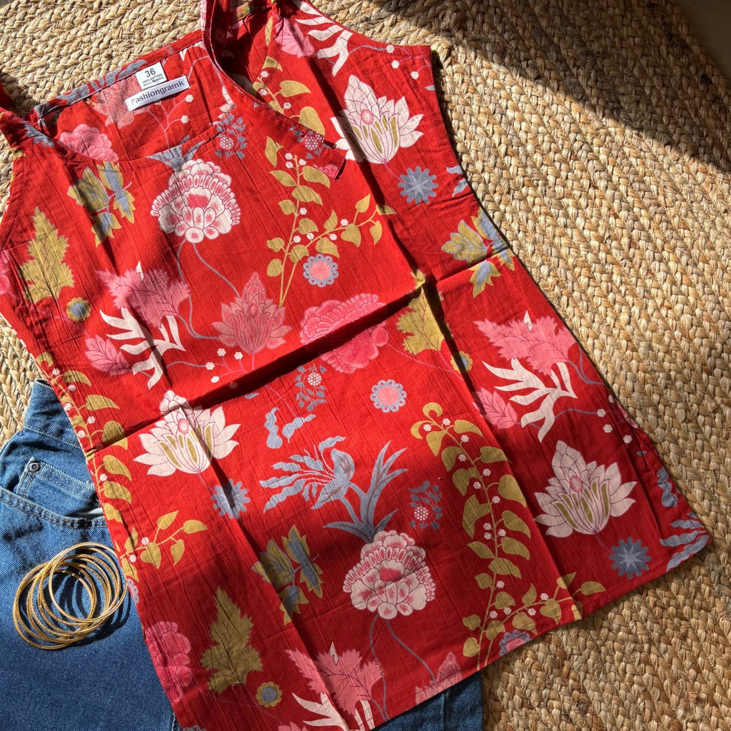 Red Color Sleeveless Floral Print Pure Cotton knot Kurta For Women