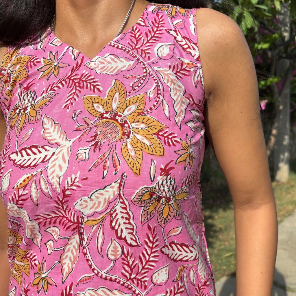 Cut Sleeves Pure Cotton Pink Color Jaipuri Print Short Kurti For Women