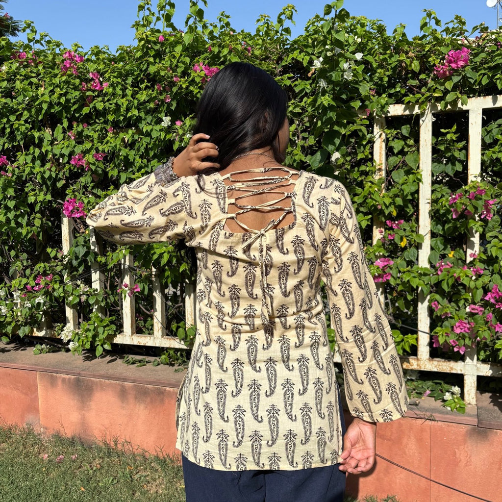 Pure Cotton Full Sleeves Jaipuri Print White Short Kurti With Back Zig Zag Dori For Women