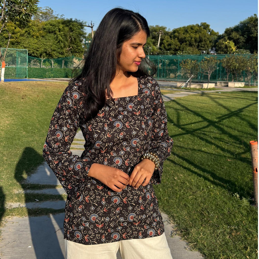 Pure Cotton Full Sleeves Black Jaipuri Printed Short Kurti With Back Zig Zag Dori