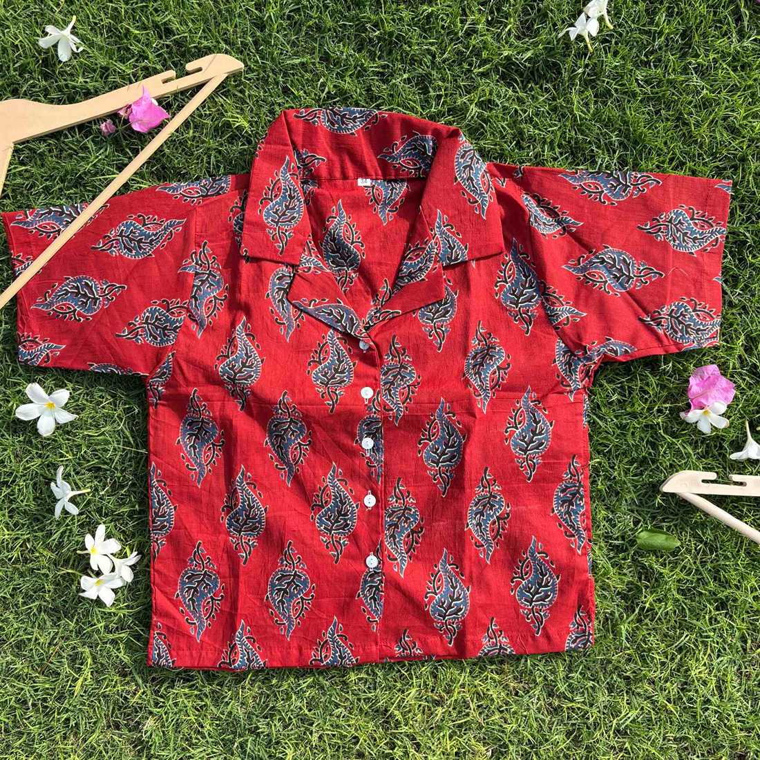 Red Jaipuri Print Pure Cotton Crop Shirt  For Women