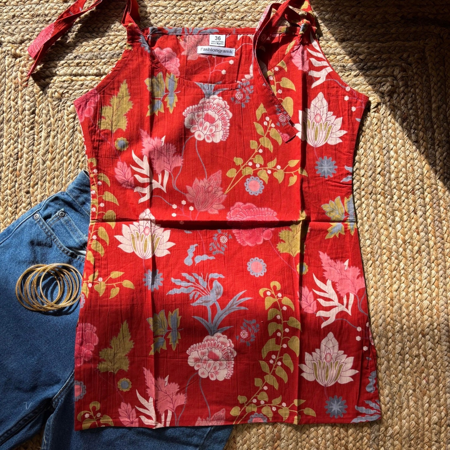 Red Color Sleeveless Floral Print Pure Cotton knot Kurta For Women