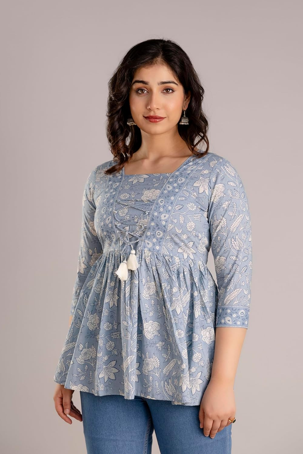 Light Blue Jaipuri Print Cotton Peplum Top For Women
