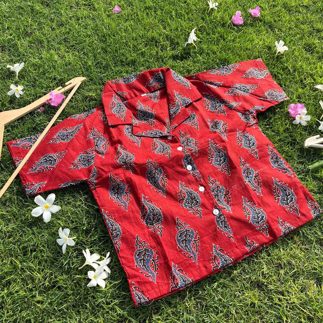 Red Jaipuri Print Pure Cotton Crop Shirt  For Women