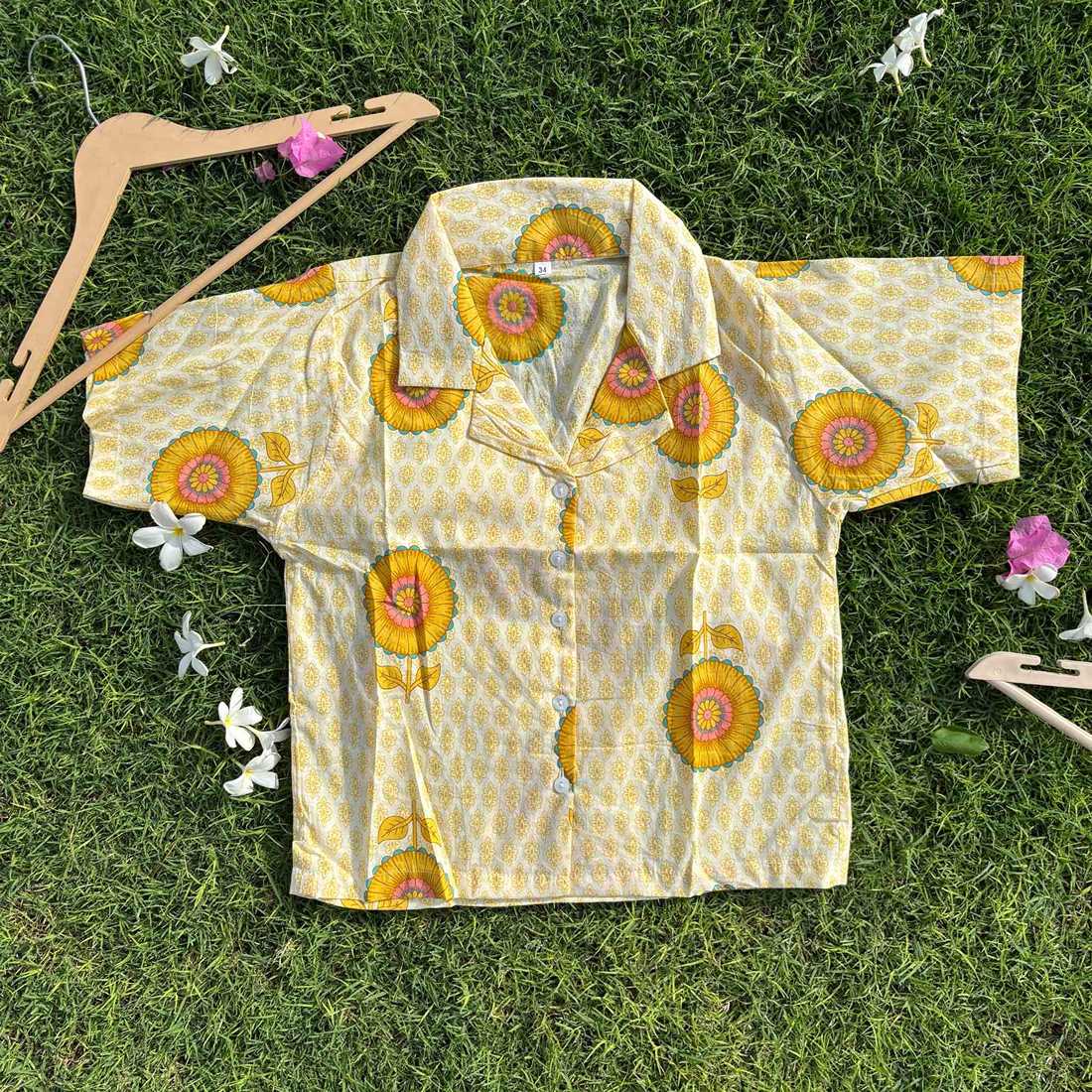 Pure Cotton Crop Shirt Yellow Print Color For Women