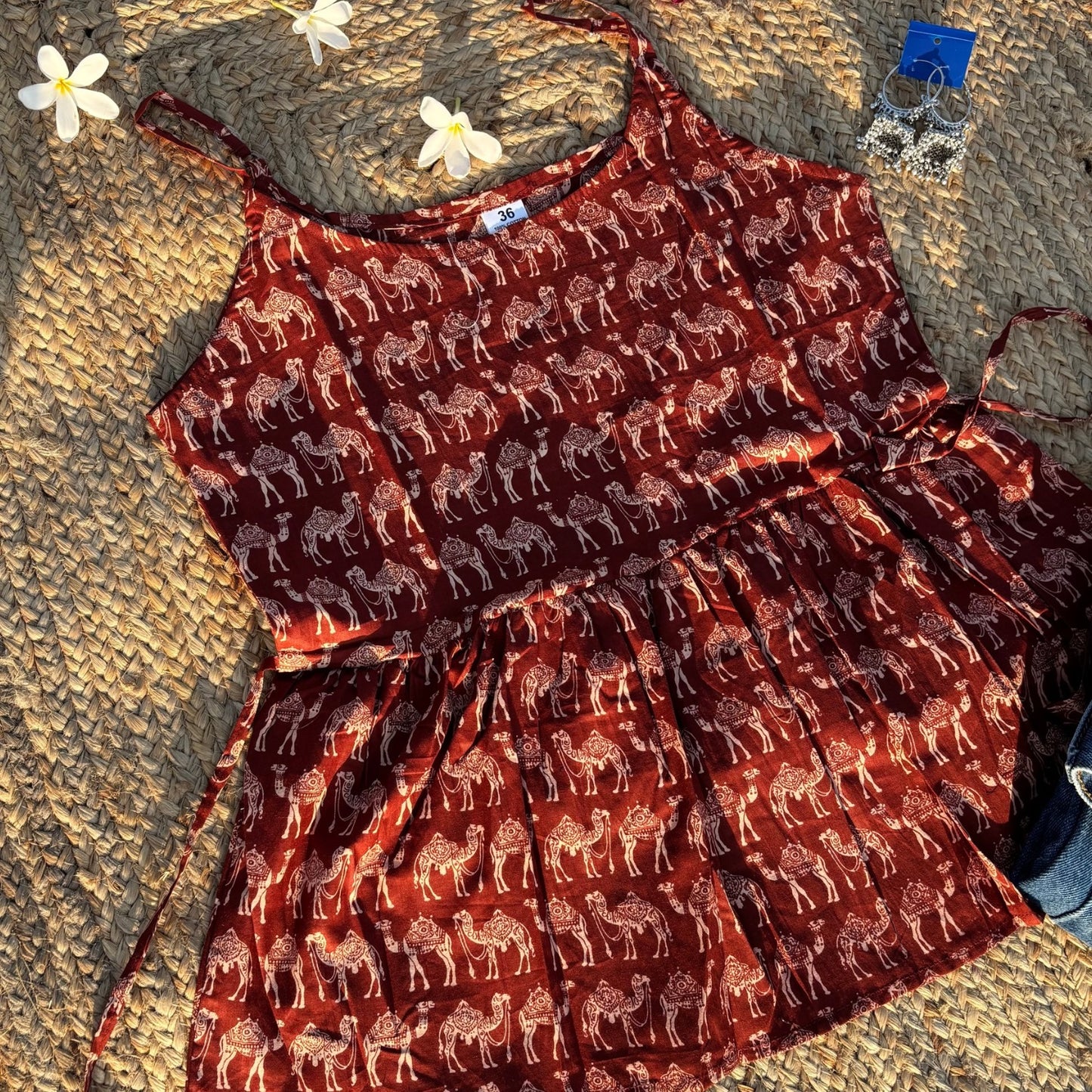 Camel Print Sleeveless Pure Cotton Rust Color Peplum Step Top For Women