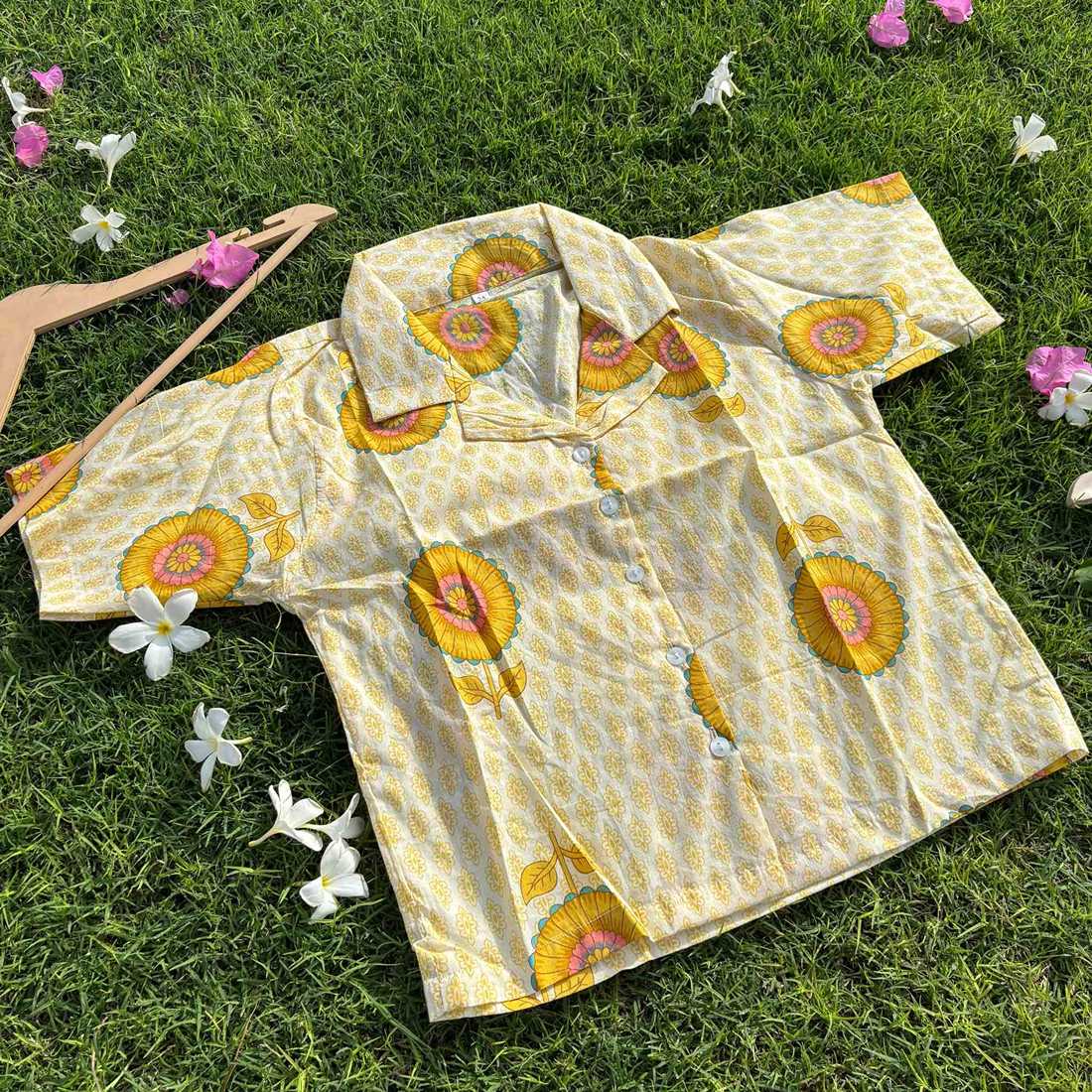 Pure Cotton Crop Shirt Yellow Print Color For Women