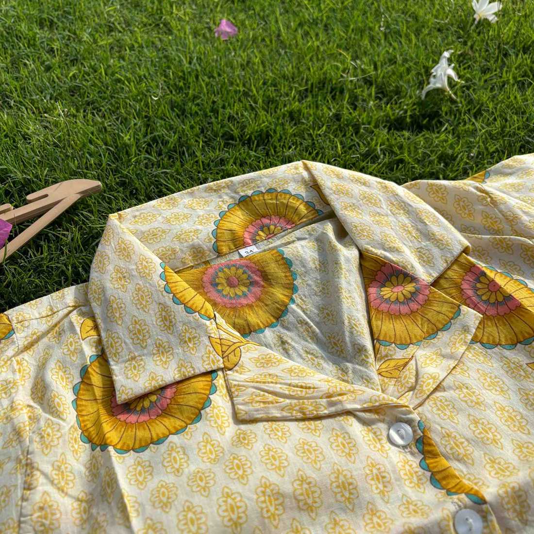 Pure Cotton Crop Shirt Yellow Print Color For Women