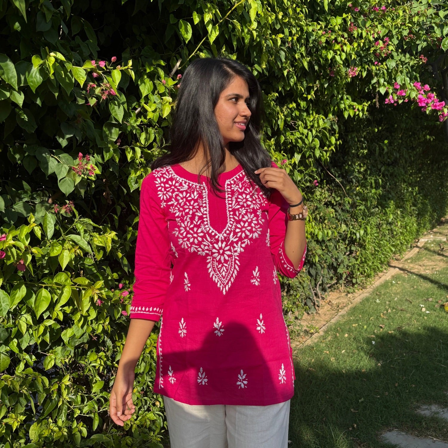 Rani Pink Lucknowi Chikankari Cotton Short Kurti For Women