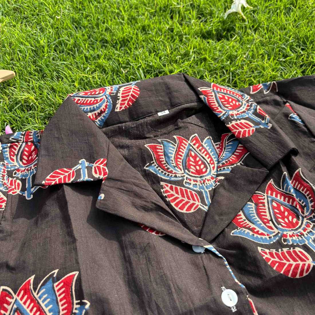 Black Jaipuri Print Pure Cotton Crop Shirt  For Women