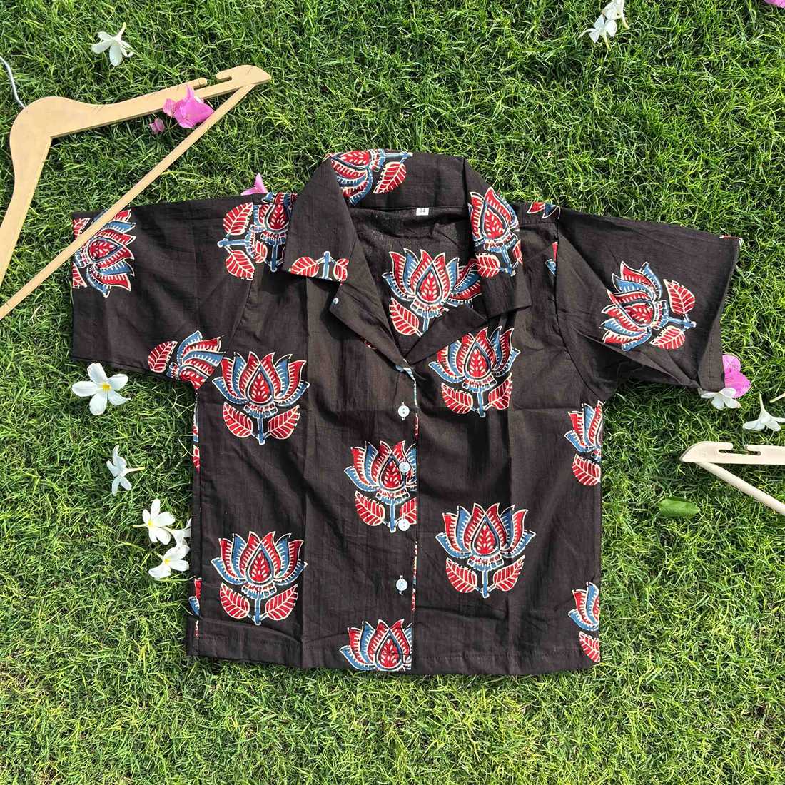 Black Jaipuri Print Pure Cotton Crop Shirt  For Women