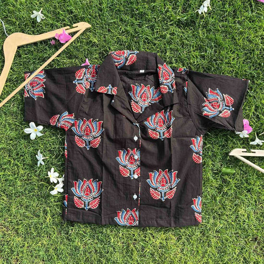 Black Jaipuri Print Pure Cotton Crop Shirt  For Women