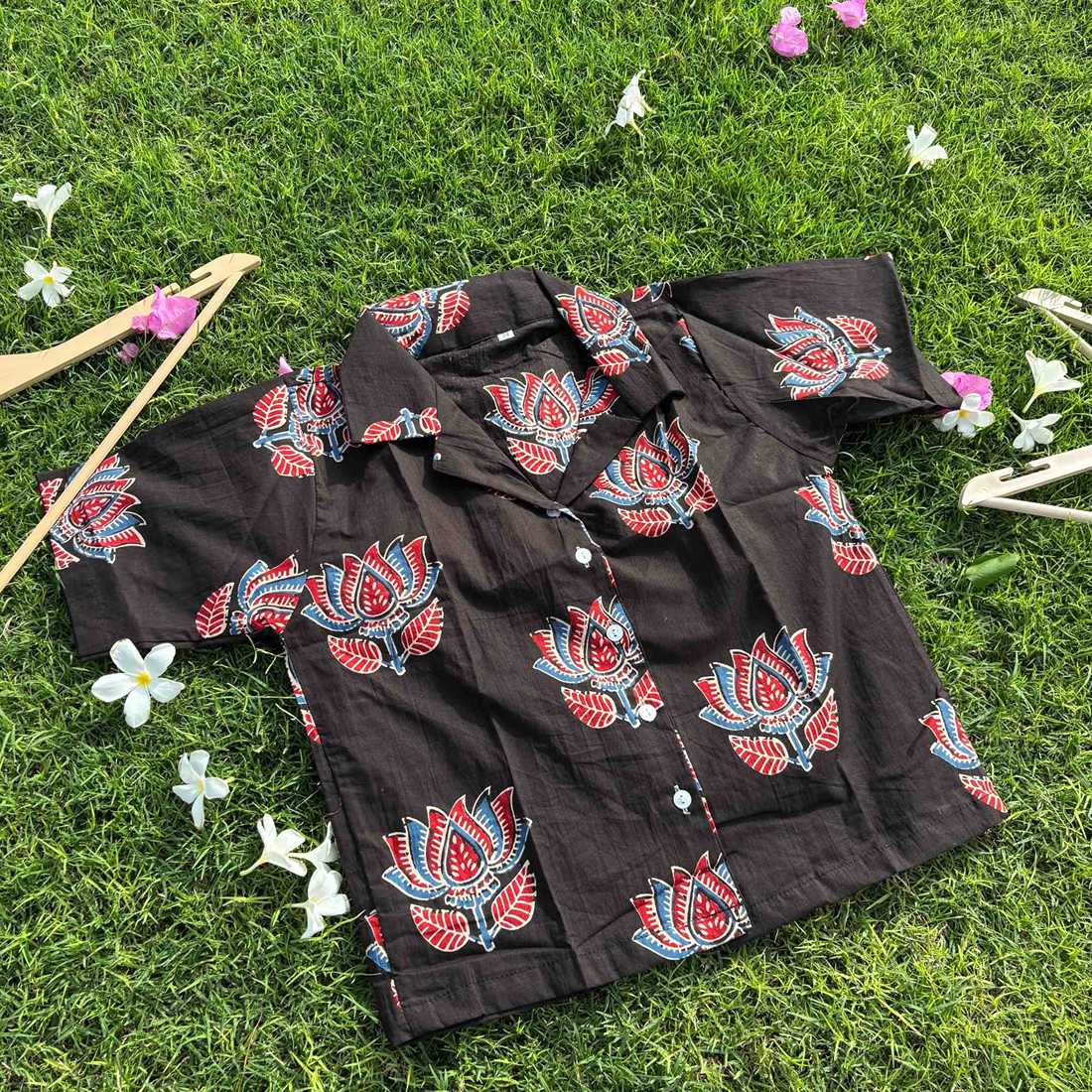 Black Jaipuri Print Pure Cotton Crop Shirt  For Women