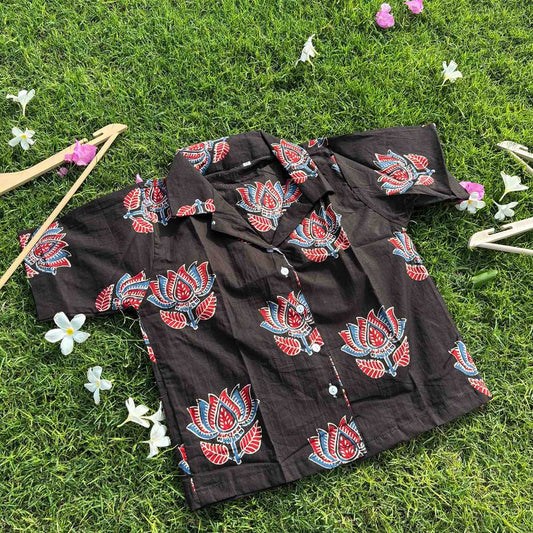 Black Jaipuri Print Pure Cotton Crop Shirt  For Women