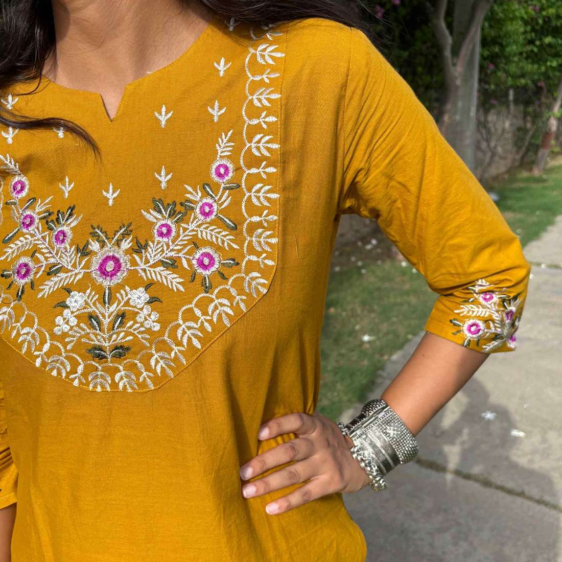 Pure Cotton Mustard Co-ord Set With Embroidery Detail For Women
