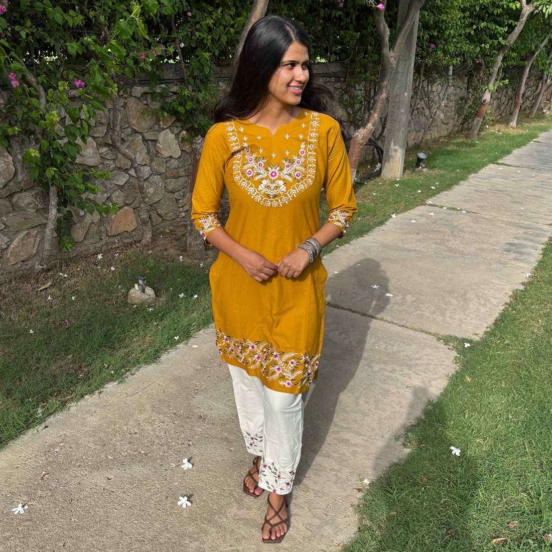 Pure Cotton Mustard Co-ord Set With Embroidery Detail For Women
