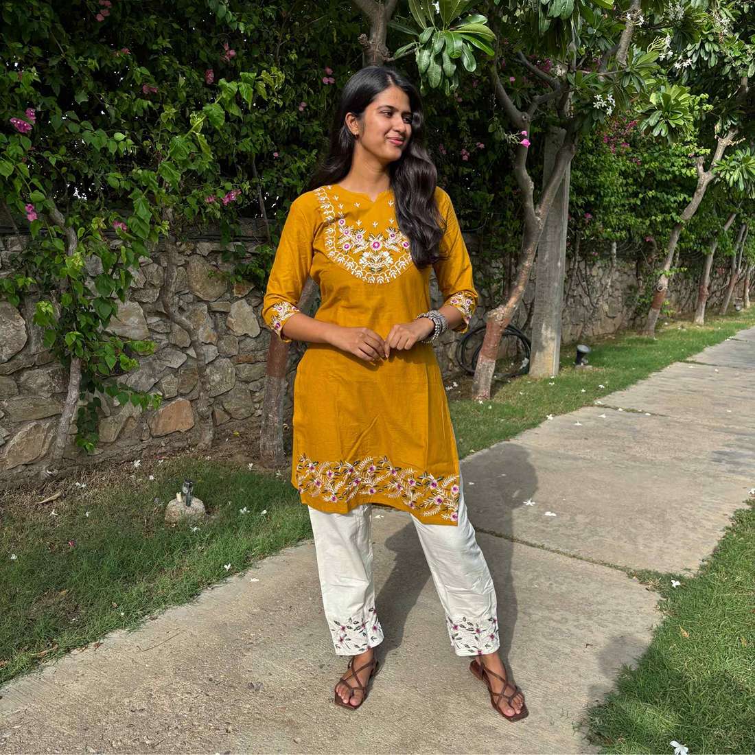 Pure Cotton Mustard Co-ord Set With Embroidery Detail For Women