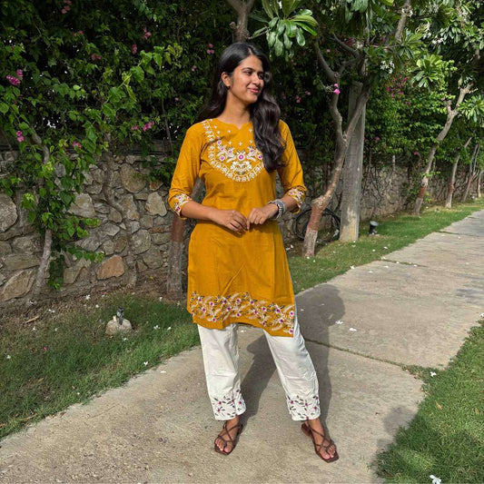 Pure Cotton Mustard Co-ord Set With Embroidery Detail For Women