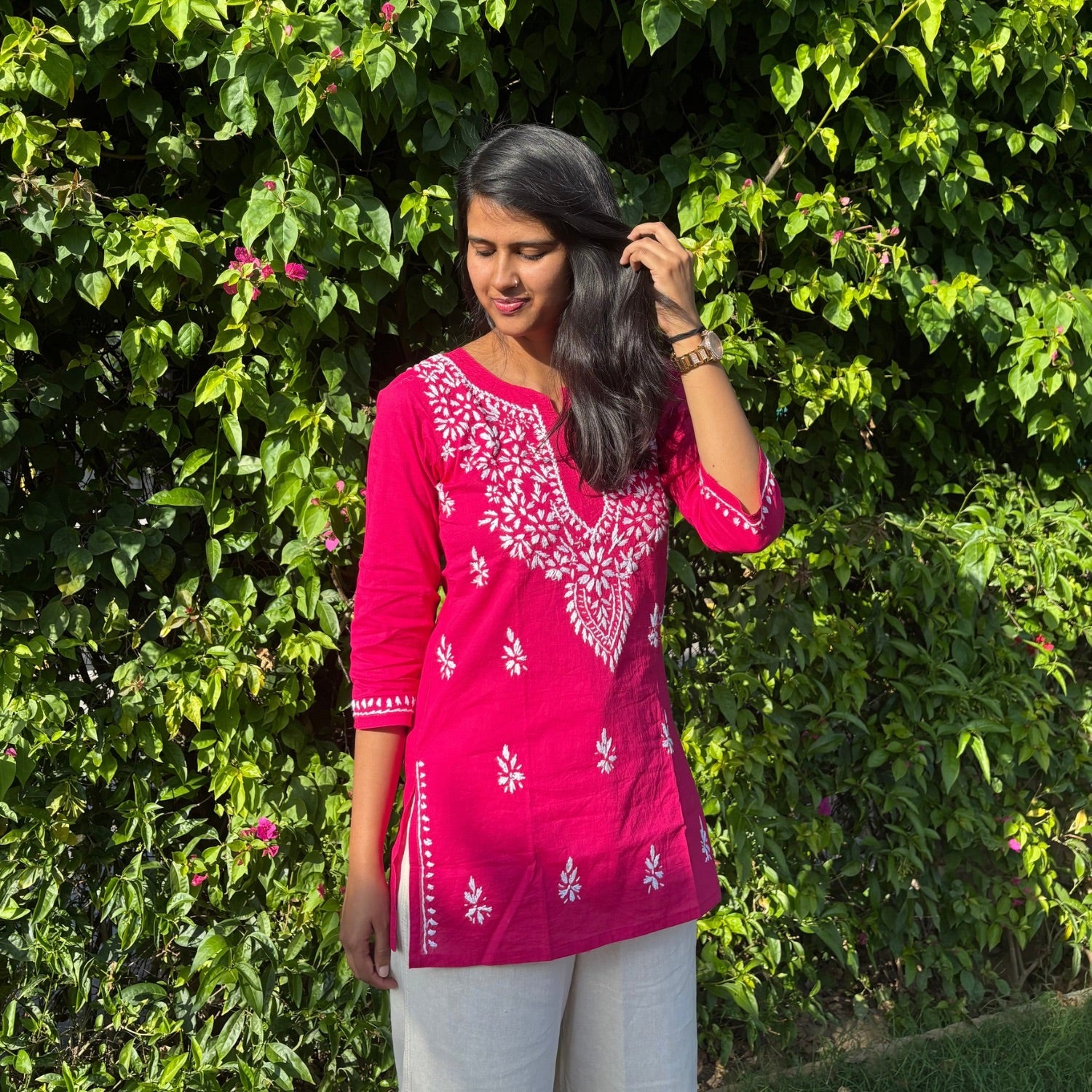 Rani Pink Lucknowi Chikankari Cotton Short Kurti For Women