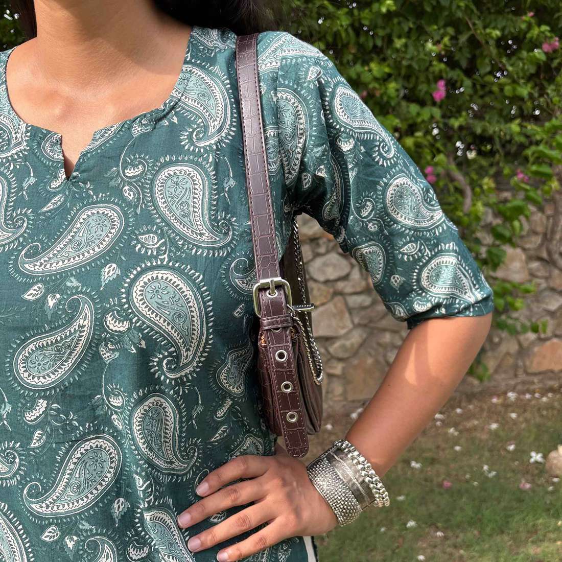 Green Jaipuri Print Pure Cotton 3/4th Sleeves Short Kurti For Women