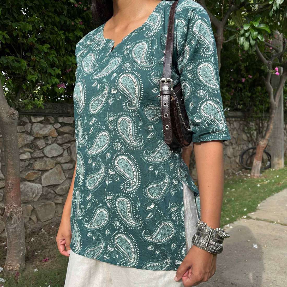 Green Jaipuri Print Pure Cotton 3/4th Sleeves Short Kurti For Women