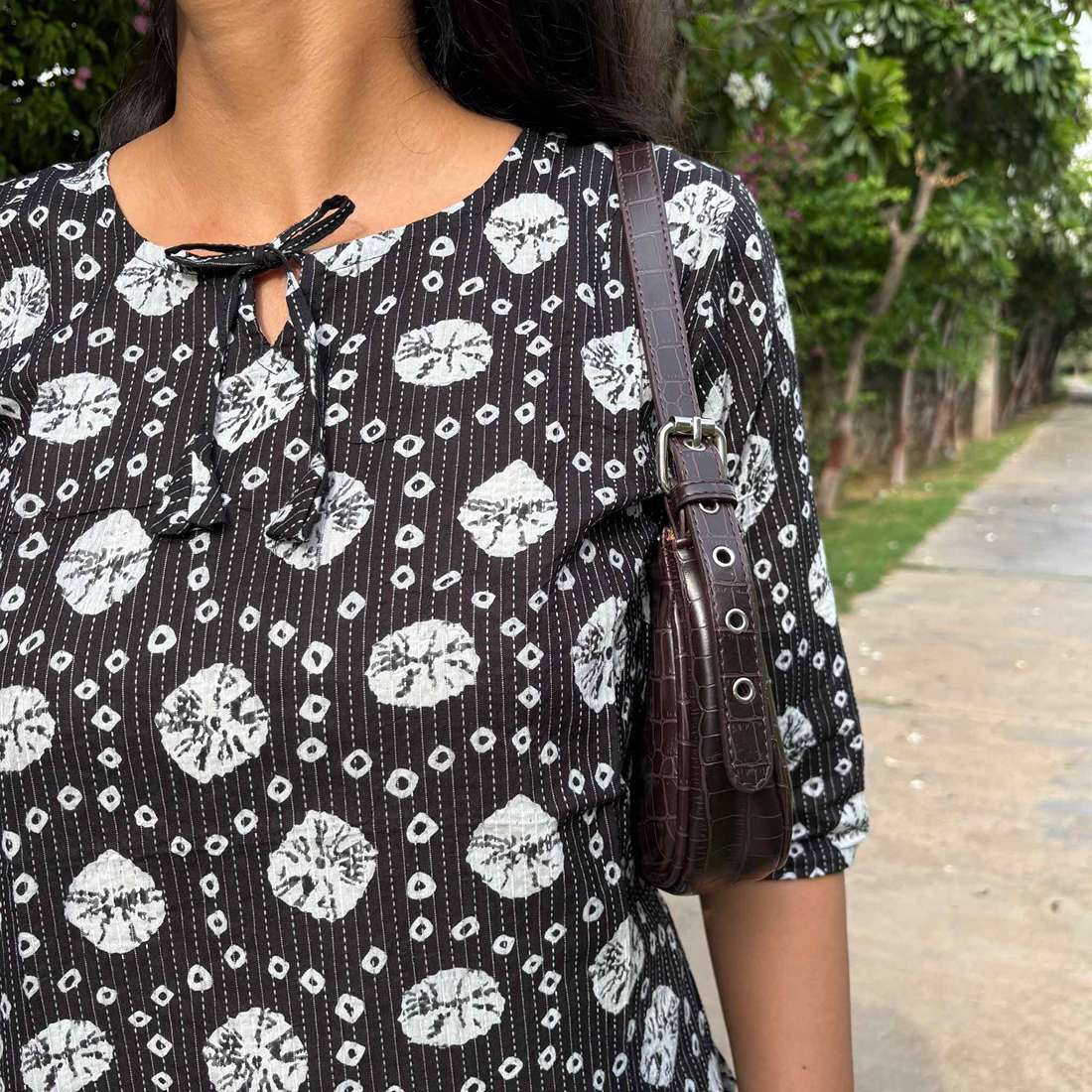 Black Pure Cotton 3/4th Sleeves Kantha Work Short Kurti For Women