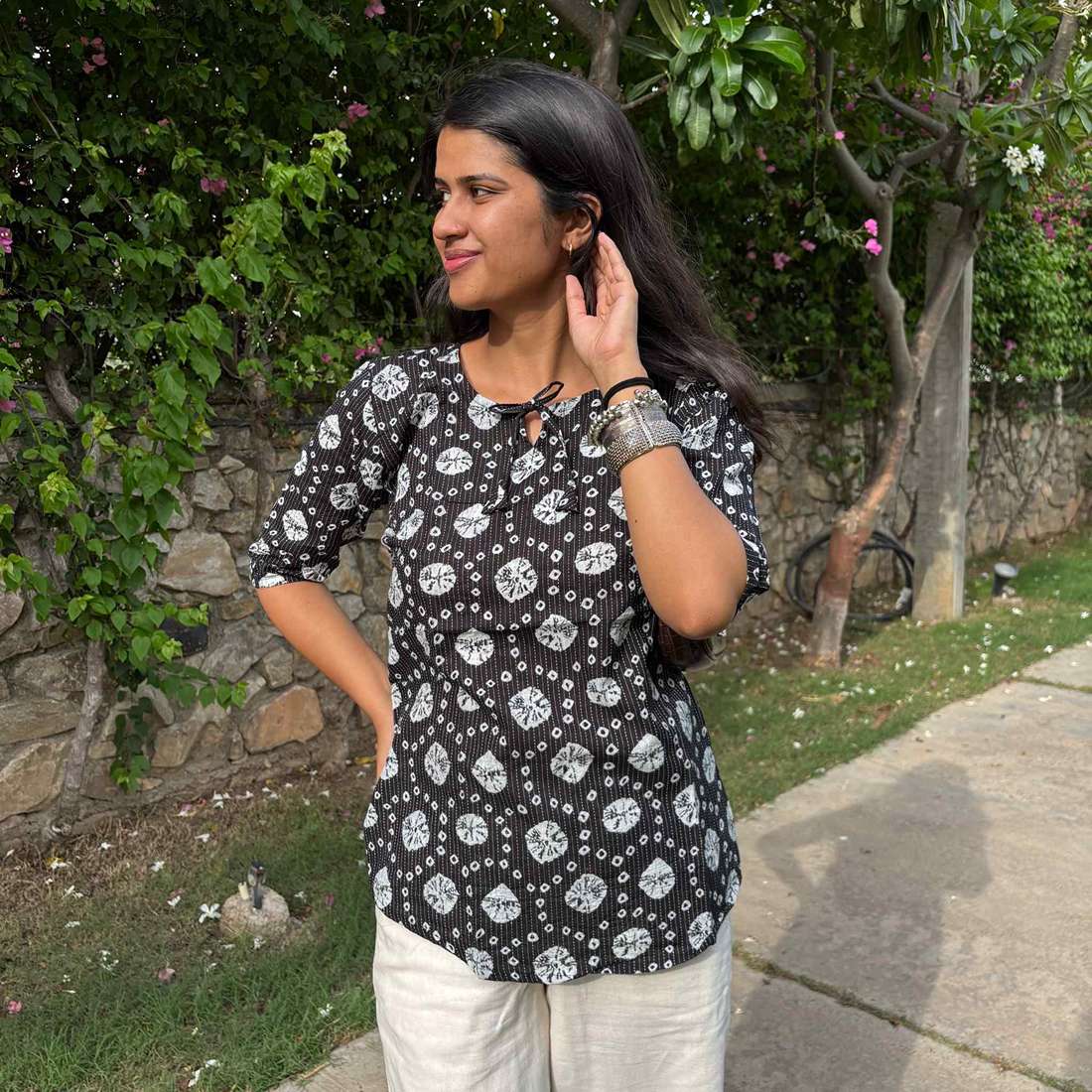 Black Pure Cotton 3/4th Sleeves Kantha Work Short Kurti For Women