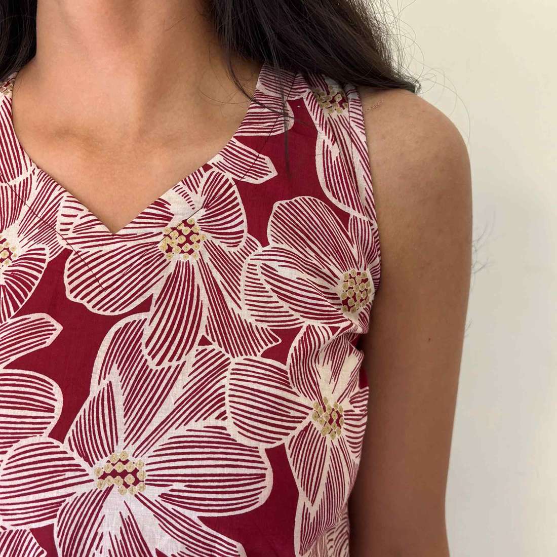 Red Floral Print Cut Sleeves Pure Cotton Short Kurti For Women