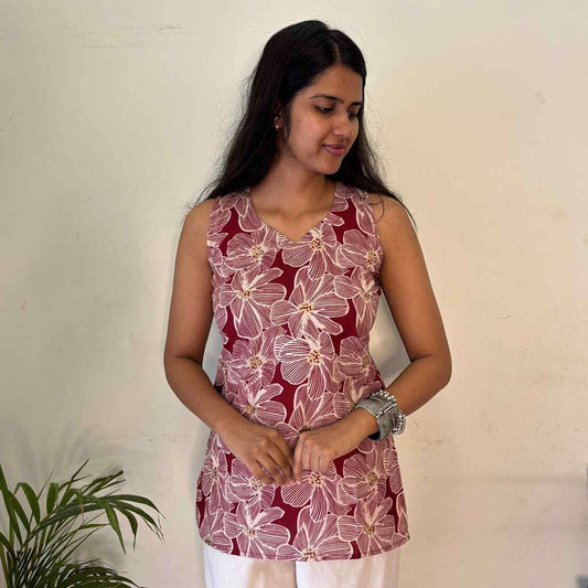 Red Floral Print Cut Sleeves Pure Cotton Short Kurti For Women