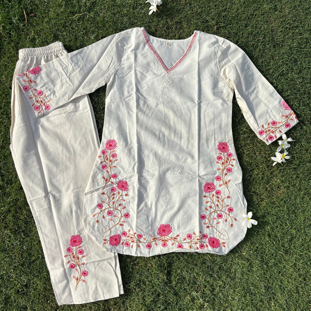 White Color Co-Ord Set With Floral Pink Embroidery On Kurti & Pant For Women