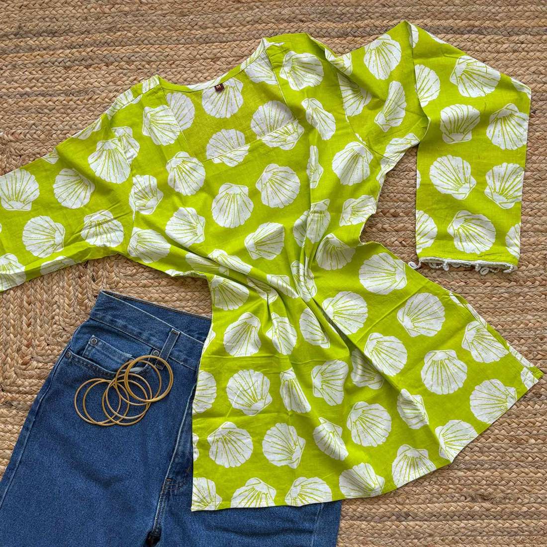 Neon Green Cotton Square Neck Kurti For Women