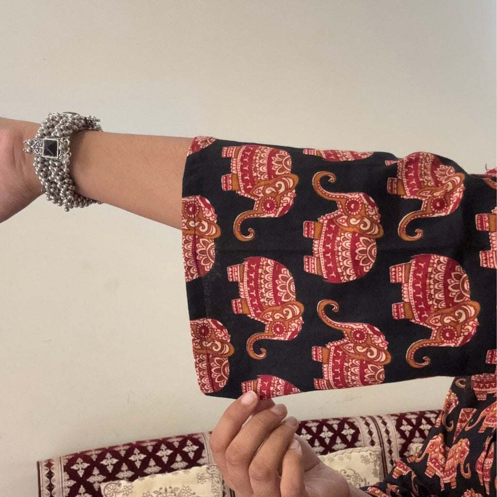 Black Pure Cotton Bell Sleeves Elephant Print Short Kurti With Corset Back For Women