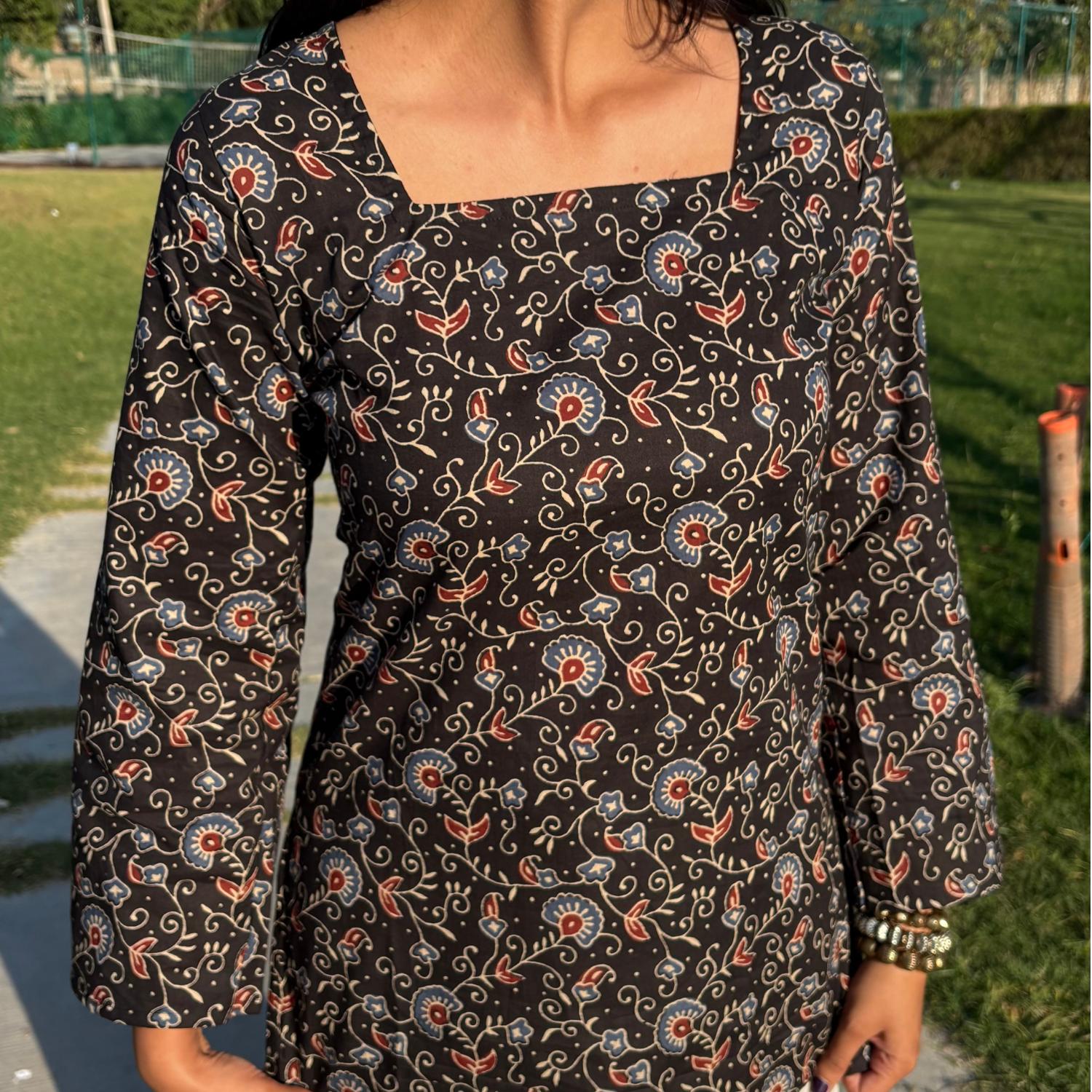 Pure Cotton Full Sleeves Black Jaipuri Printed Short Kurti With Back Zig Zag Dori