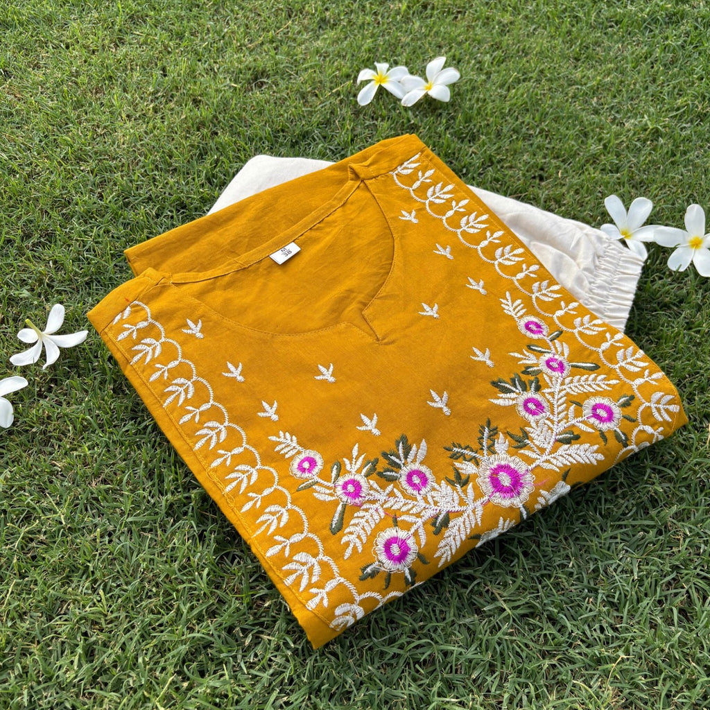 Pure Cotton Mustard Co-ord Set With Embroidery Detail For Women