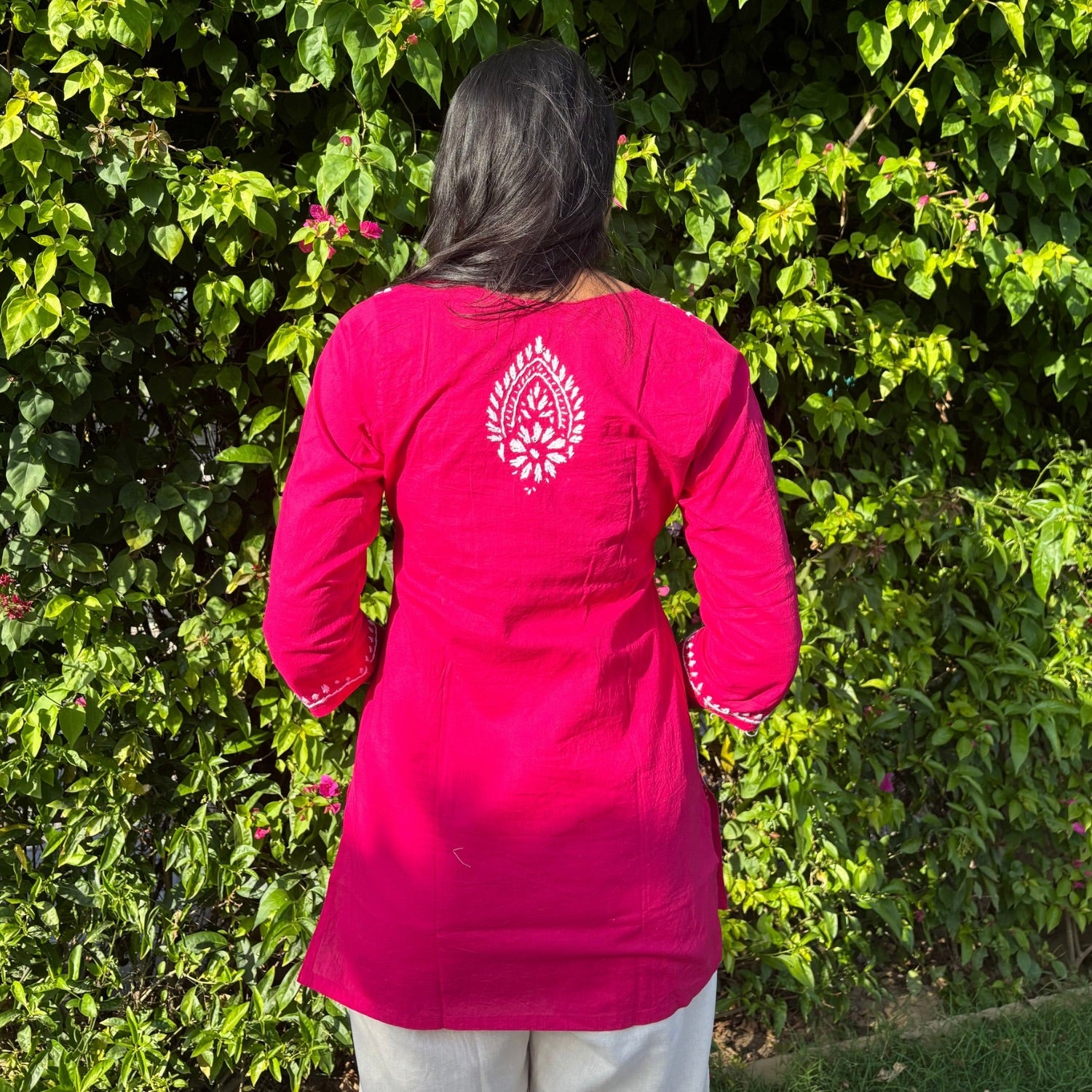 Rani Pink Lucknowi Chikankari Cotton Short Kurti For Women