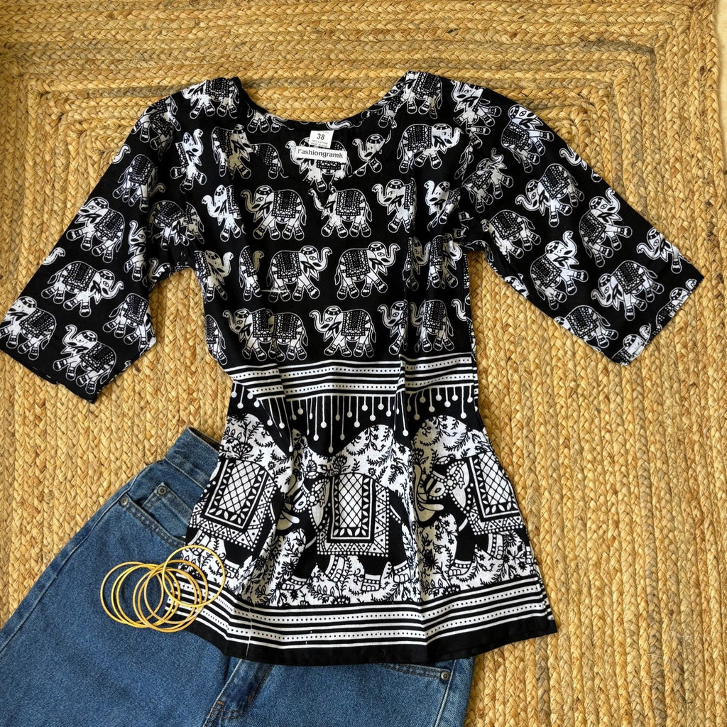 Black Elephant Print Kurti in Cotton Blend For Women