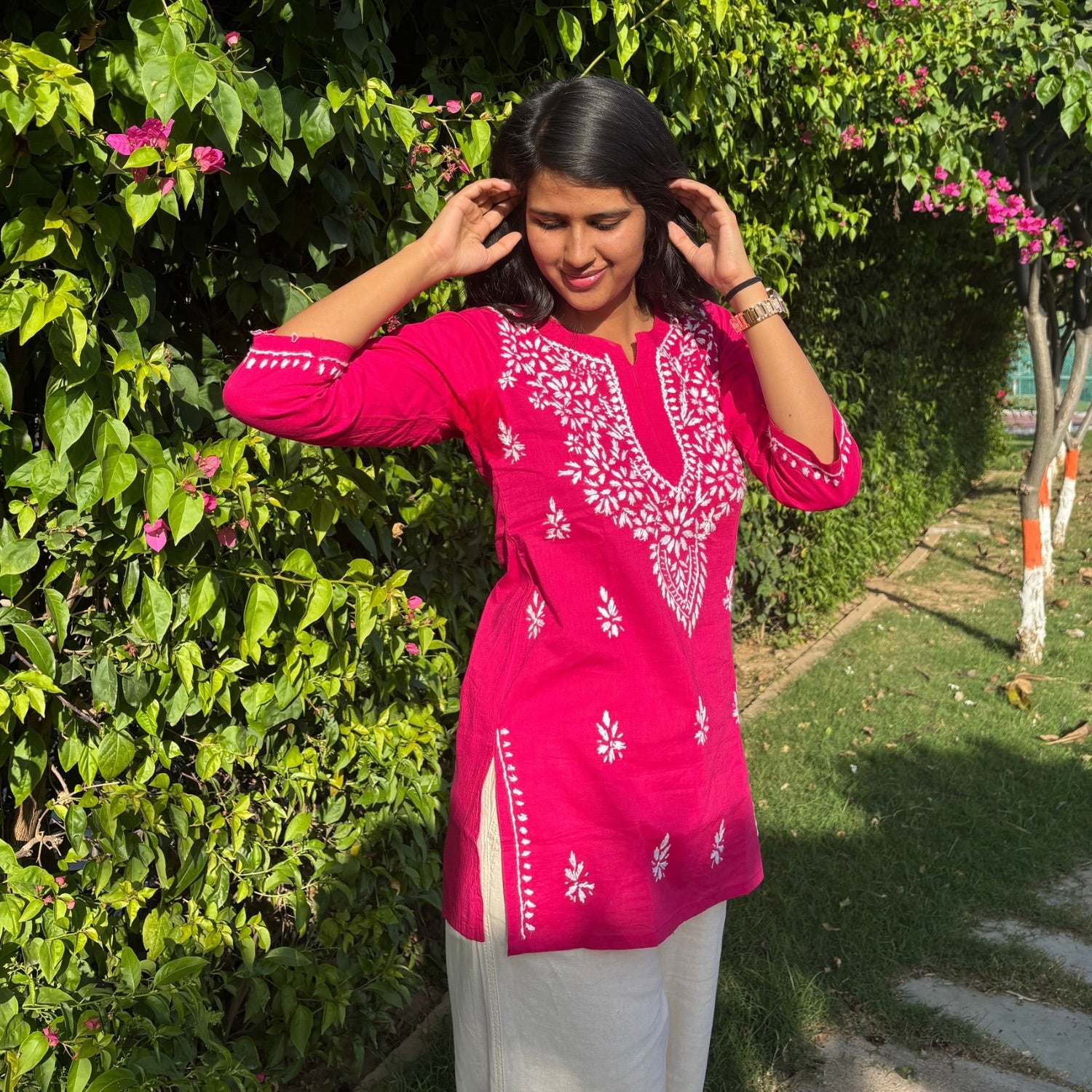 Rani Pink Lucknowi Chikankari Cotton Short Kurti For Women
