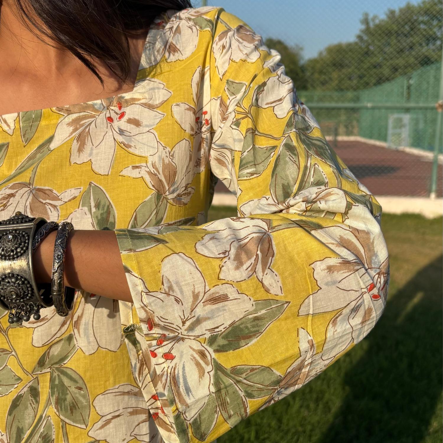 Pure Cotton Full Sleeves Yellow Floral Printed Short Kurti With Back Zig Zag Dori