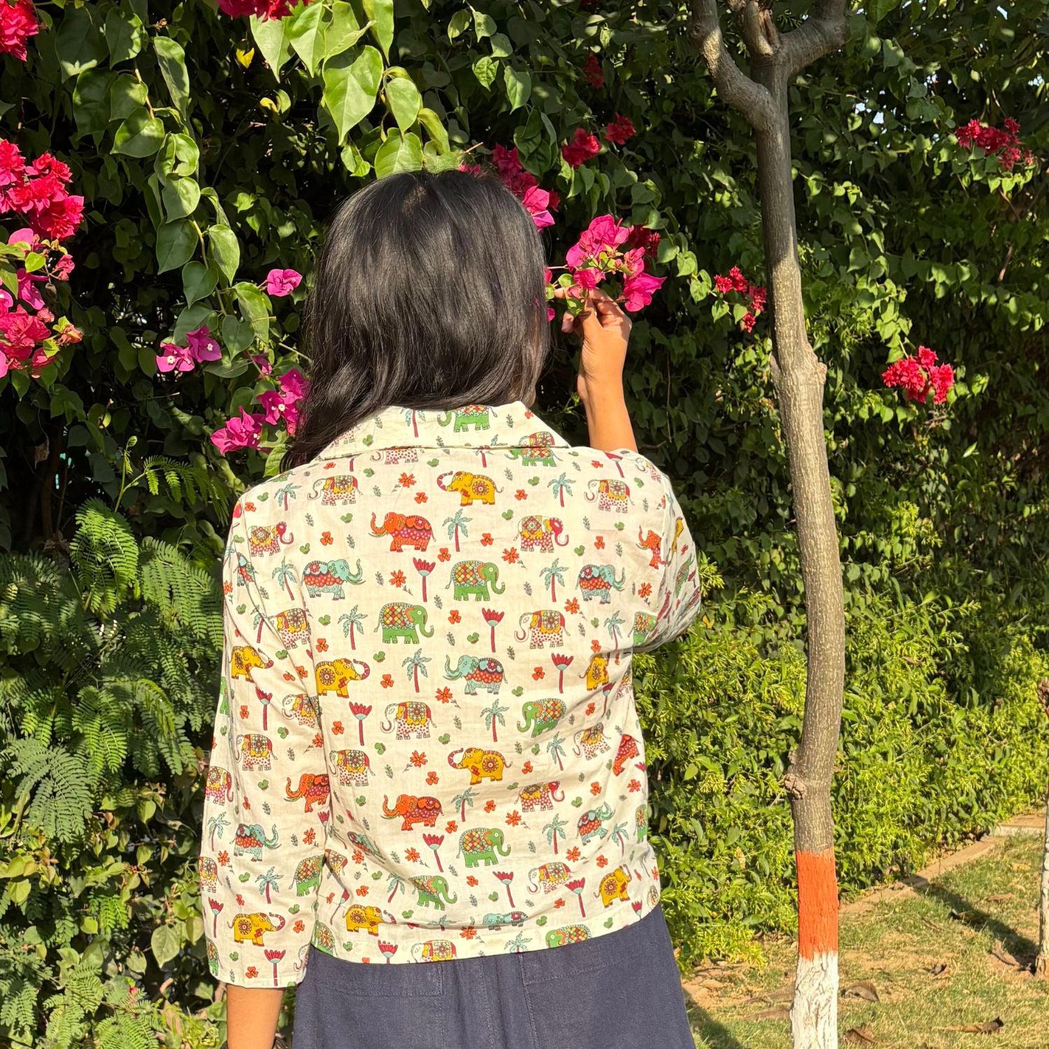 Pure Cotton Elephant Print Multi Color Crop Shirt For Women