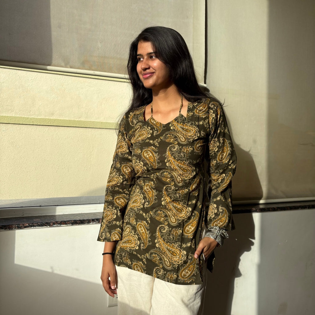 Green Printed Corset Back Kurti Pure Cotton For Women