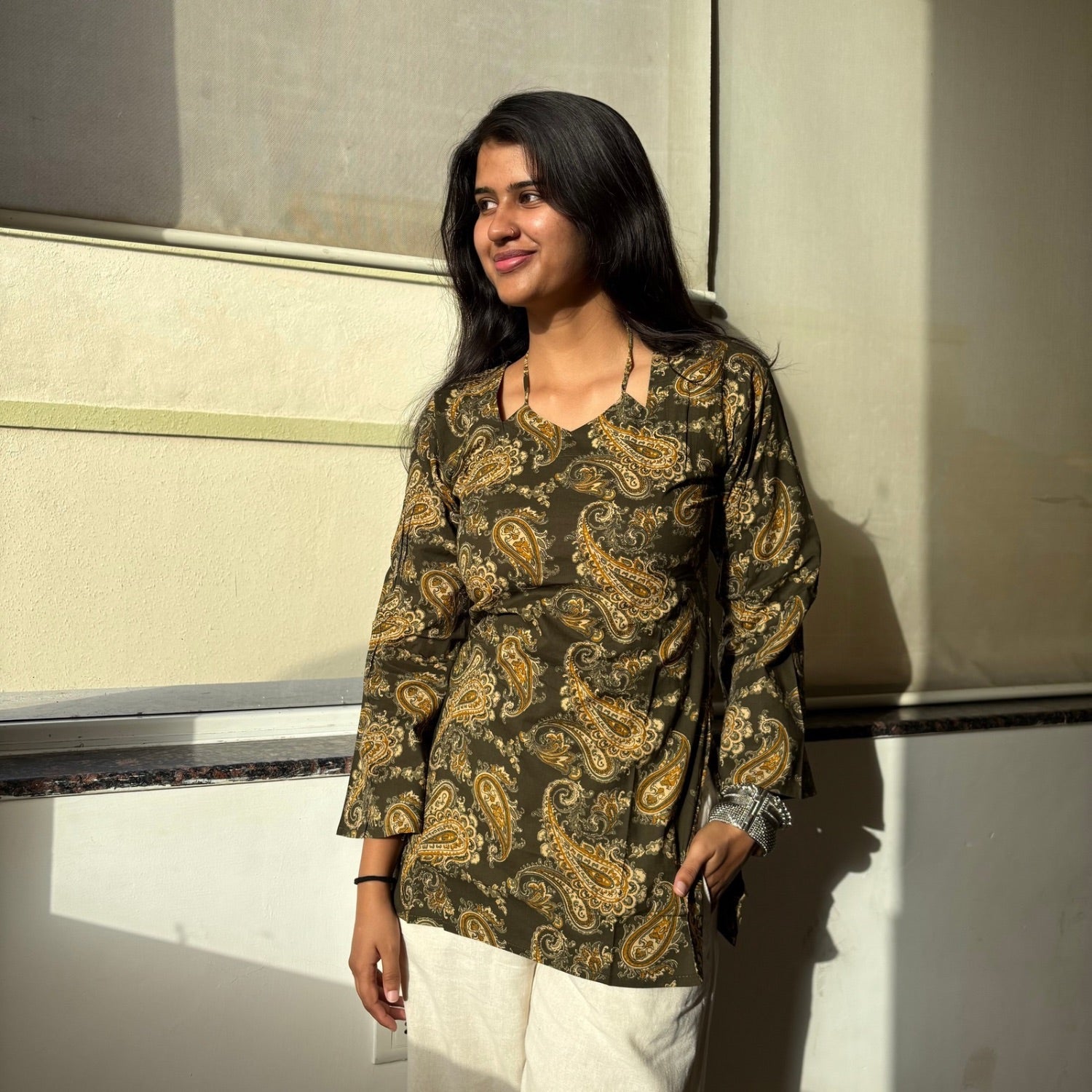 Green Printed Corset Back Kurti Pure Cotton For Women