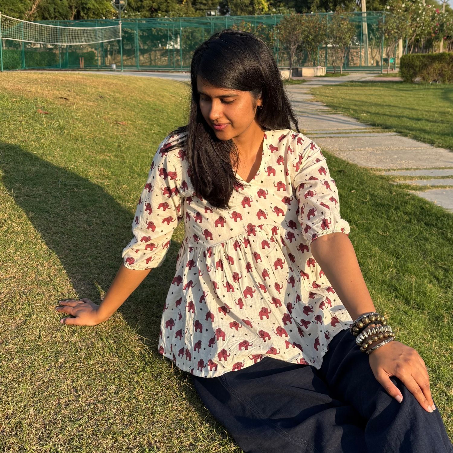 Pure Cotton Alia Cut Red Elephant Print Short Kurti For Women