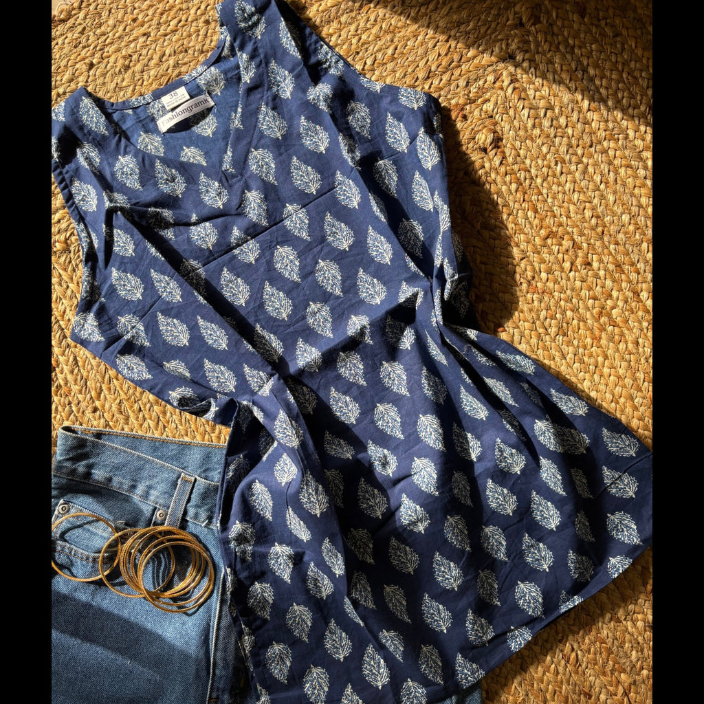 Cut Sleeves Pure Cotton Blue Color Jaipuri Print Short Kurti For Women