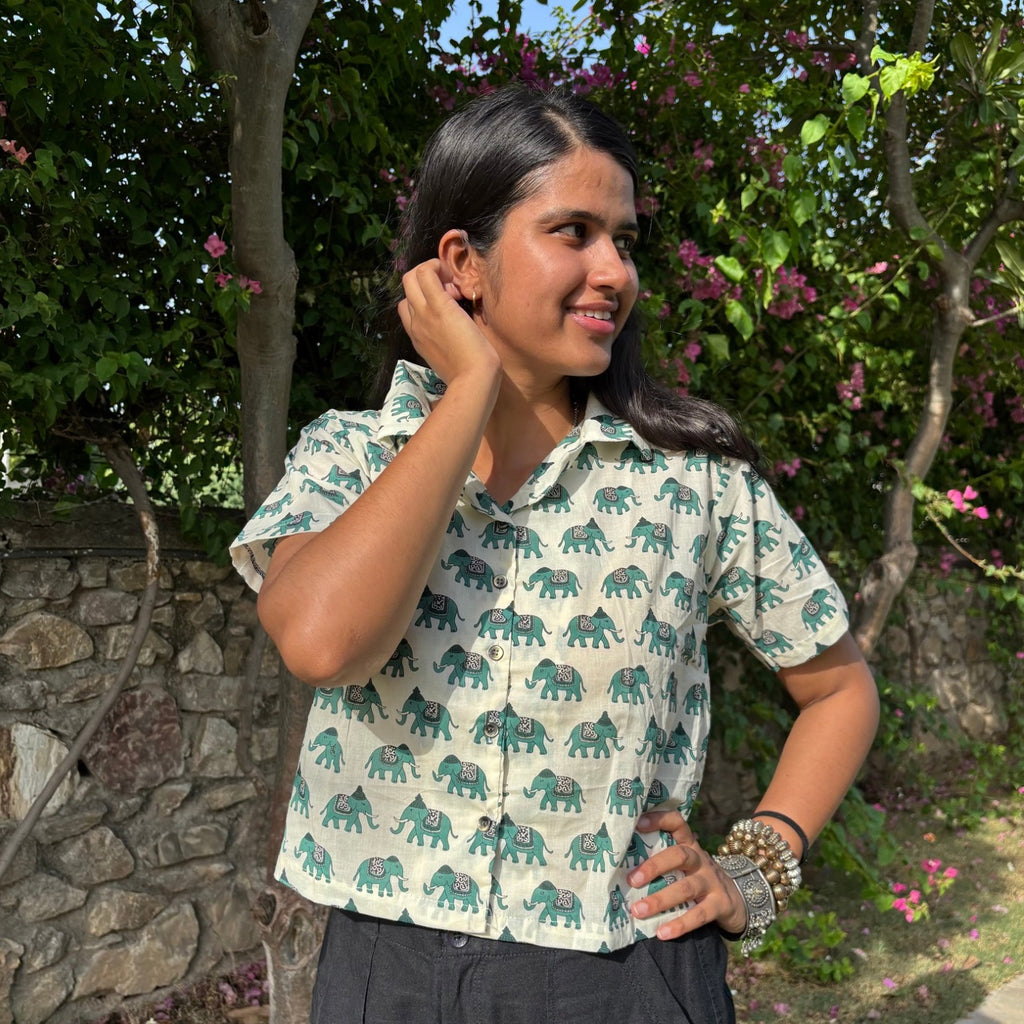 Crop Shirt Pure Cotton Elephant Print Green Color For Women