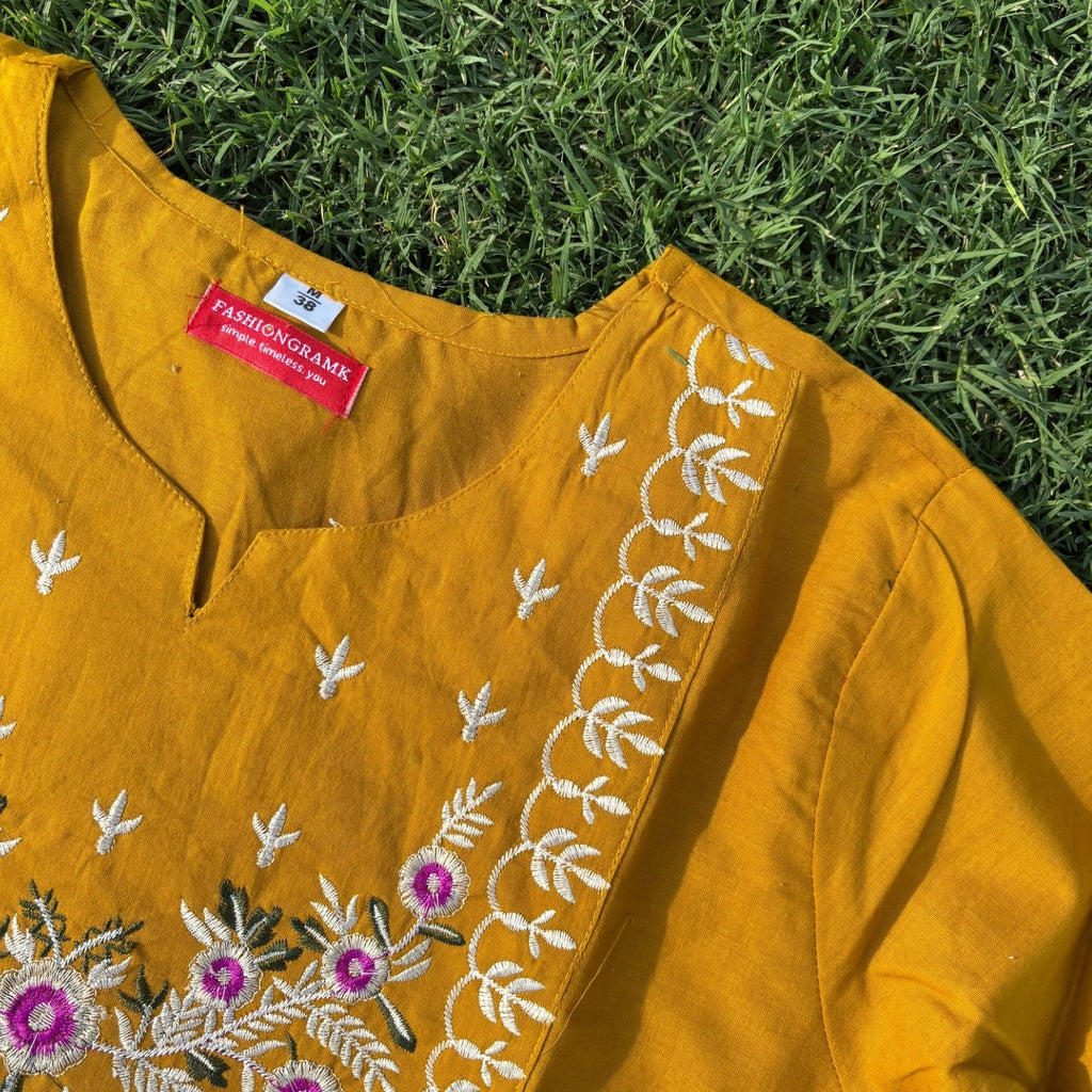 Pure Cotton Mustard Co-ord Set With Embroidery Detail For Women