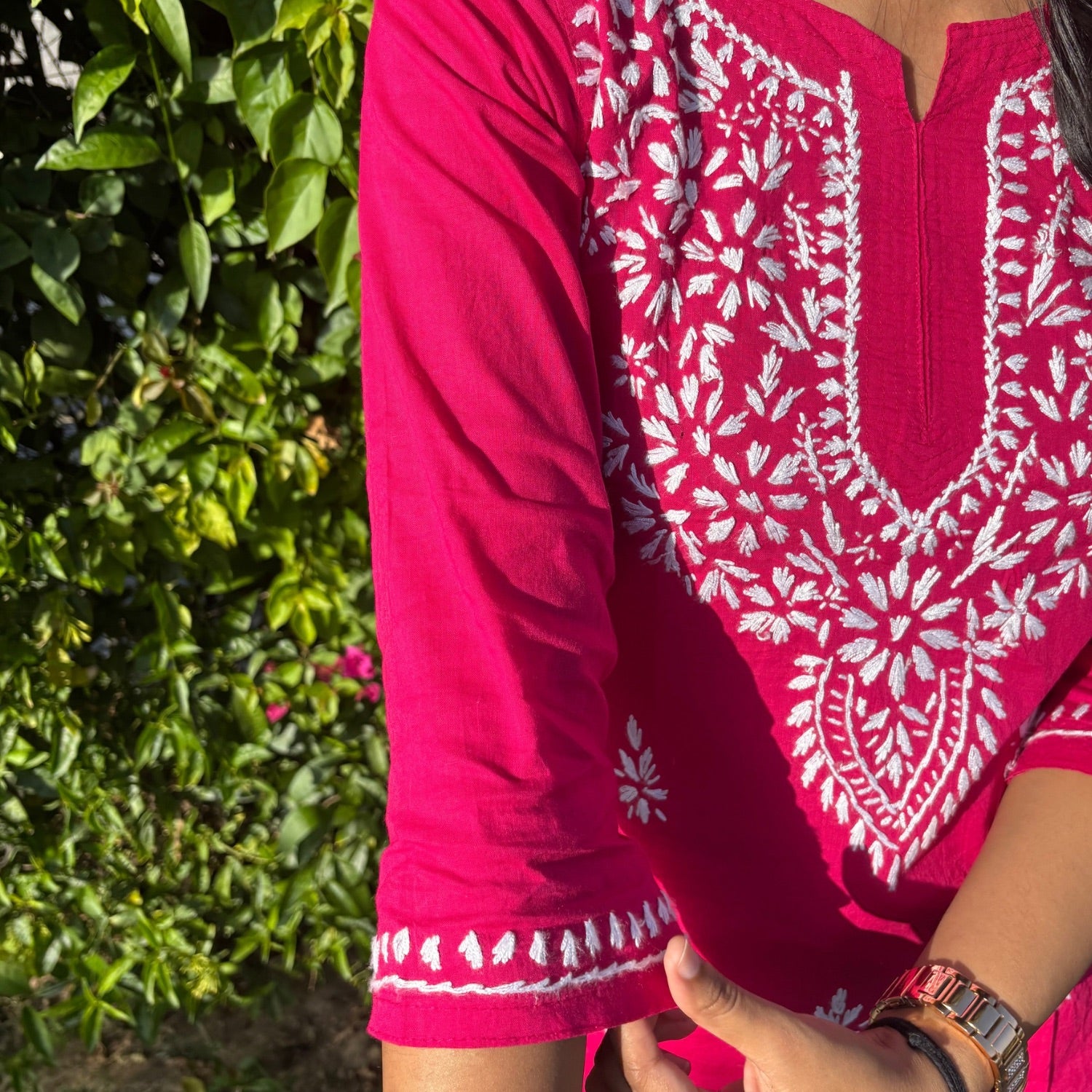 Rani Pink Lucknowi Chikankari Cotton Short Kurti For Women