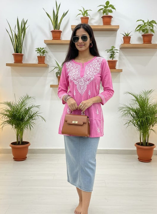 Women's Pure Cotton Pink Original Hand Chikankari Work Short Kurta
