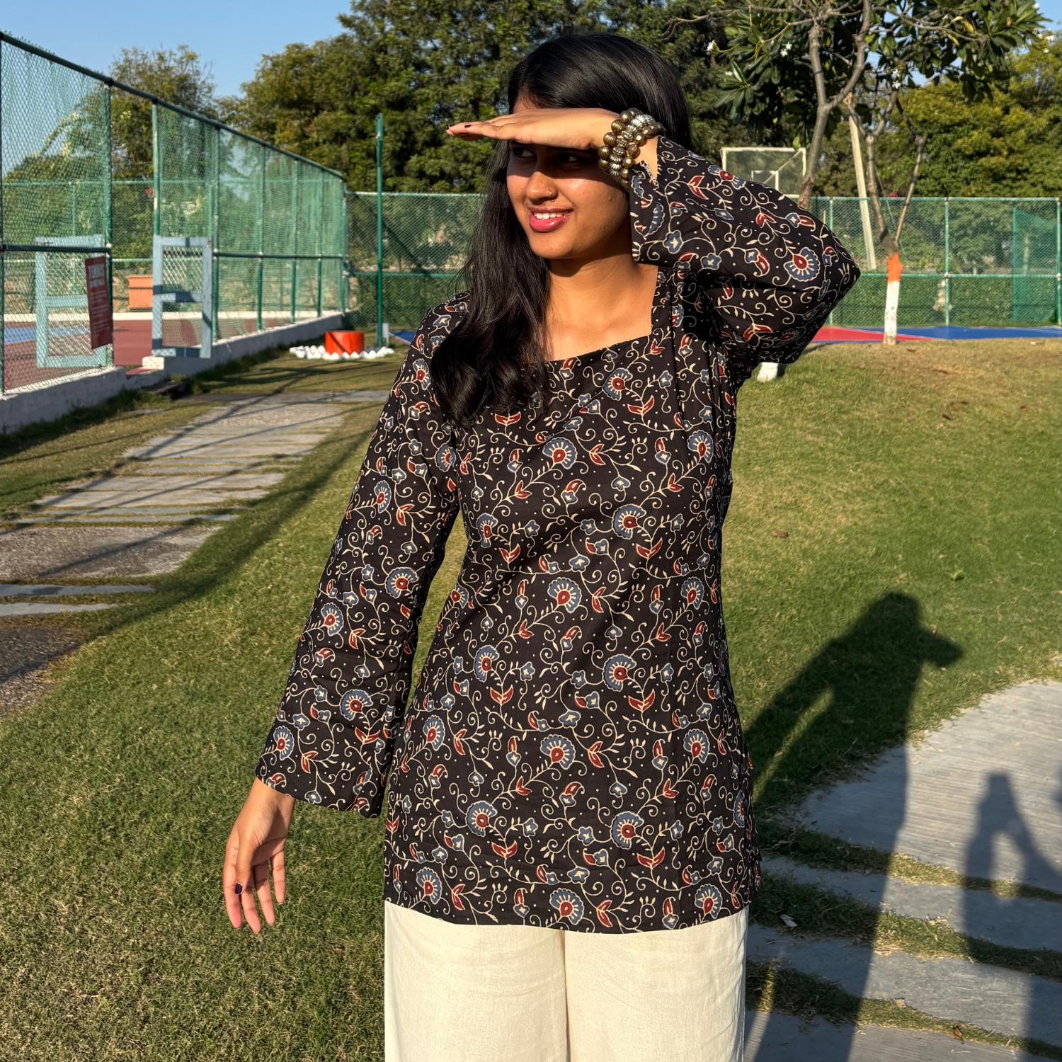 Pure Cotton Full Sleeves Black Jaipuri Printed Short Kurti With Back Zig Zag Dori